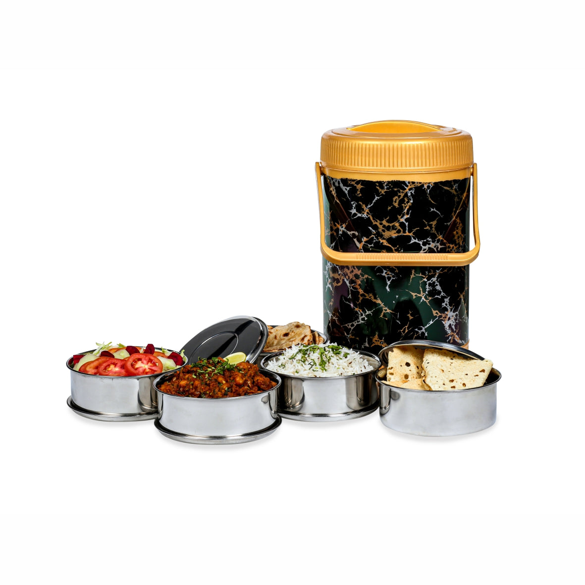 Varmora Jumbo Cosmic Lunch - 4 Tier Stainless Steel Lunch Box with Marble Finish & Carry Handle, Food Grade & Leak Proof