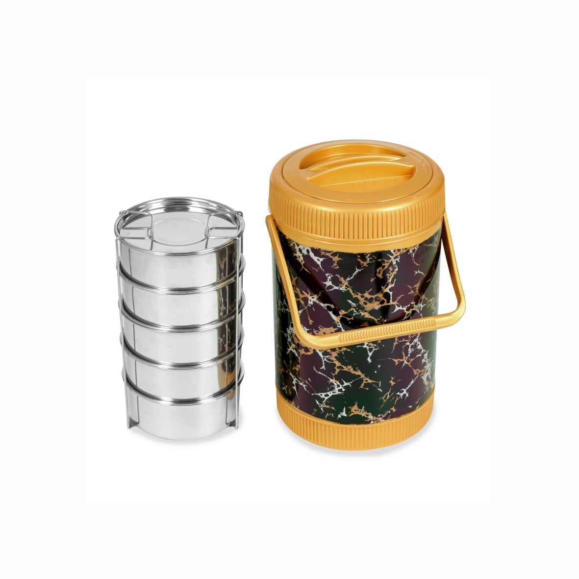 Varmora Jumbo Cosmic Lunch - 4 Tier Stainless Steel Lunch Box with Marble Finish & Carry Handle, Food Grade & Leak Proof