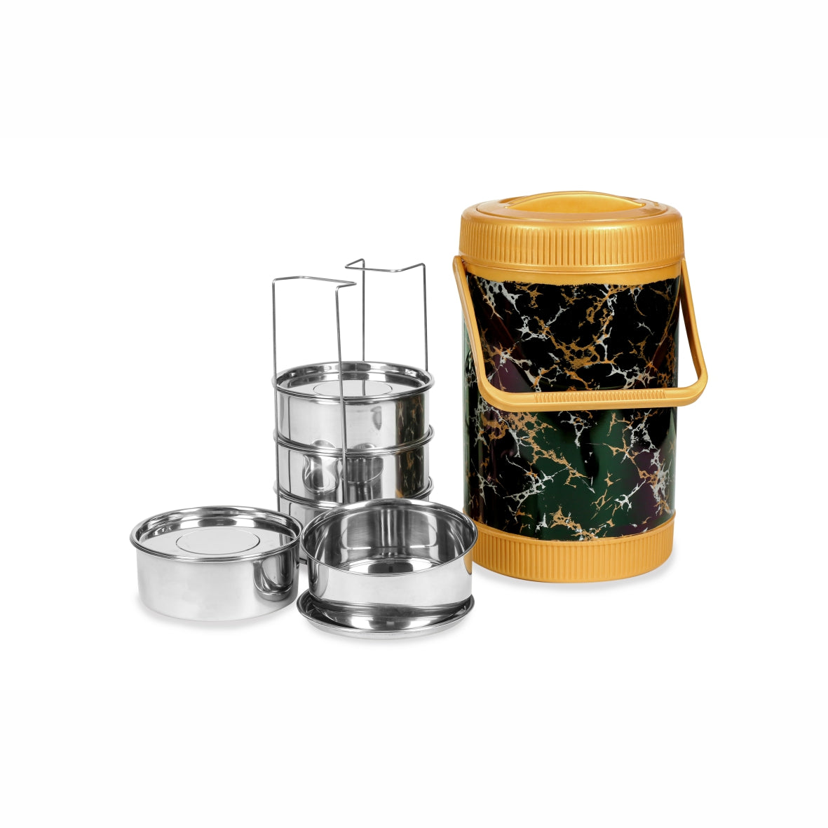Varmora Jumbo Cosmic Lunch - 4 Tier Stainless Steel Lunch Box with Marble Finish & Carry Handle, Food Grade & Leak Proof