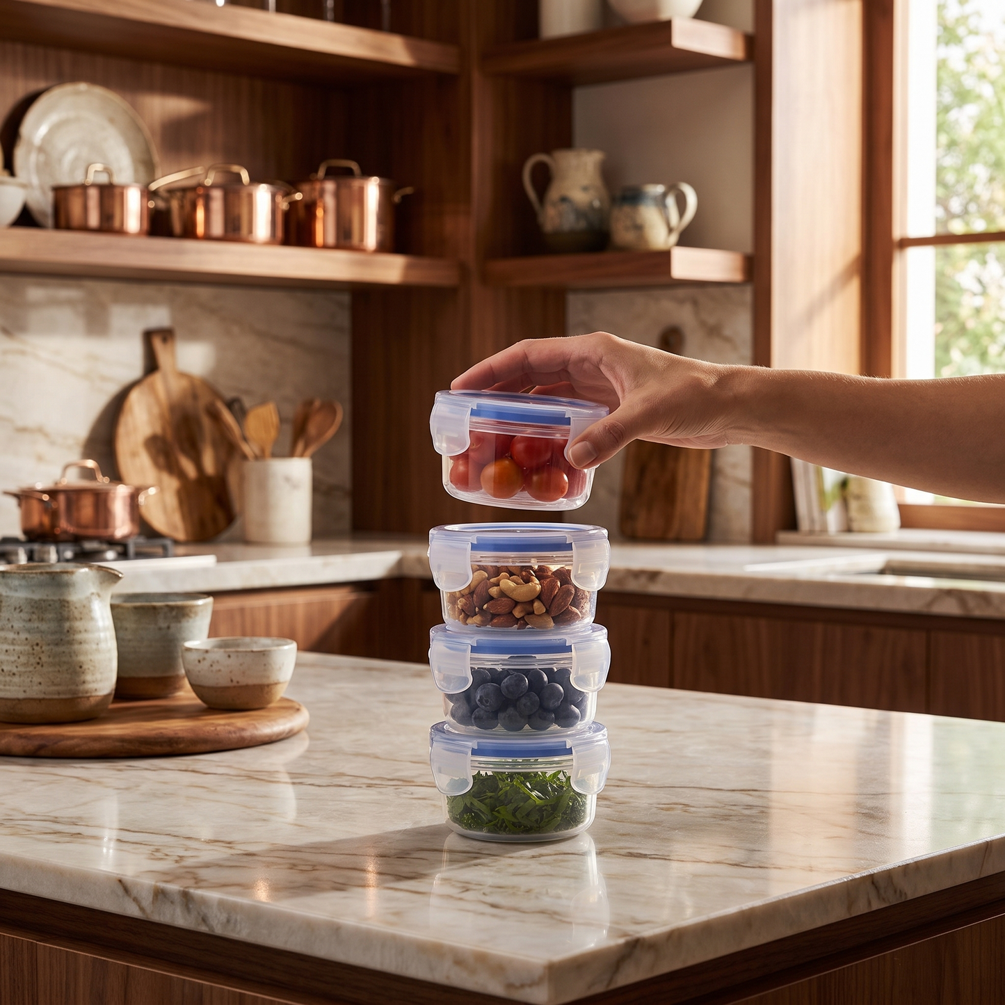 Varmora Clamp It - Transparent Round Plastic Container, Set of 4, 100 ML, Air-Tight Lid, Stackable & BPA Free, Food-Grade Material