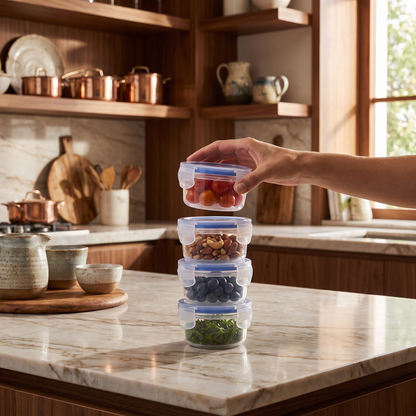 Varmora Clamp It - Transparent Round Plastic Container, Set of 4, 100 ML, Air-Tight Lid, Stackable & BPA Free, Food-Grade Material