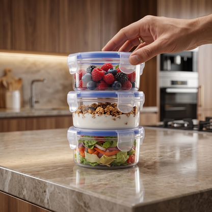 Varmora Clamp It - Transparent Round Plastic Container, Set of 3 – 230 ML, Air-Tight Lid, Stackable & BPA Free, Food-Grade Material