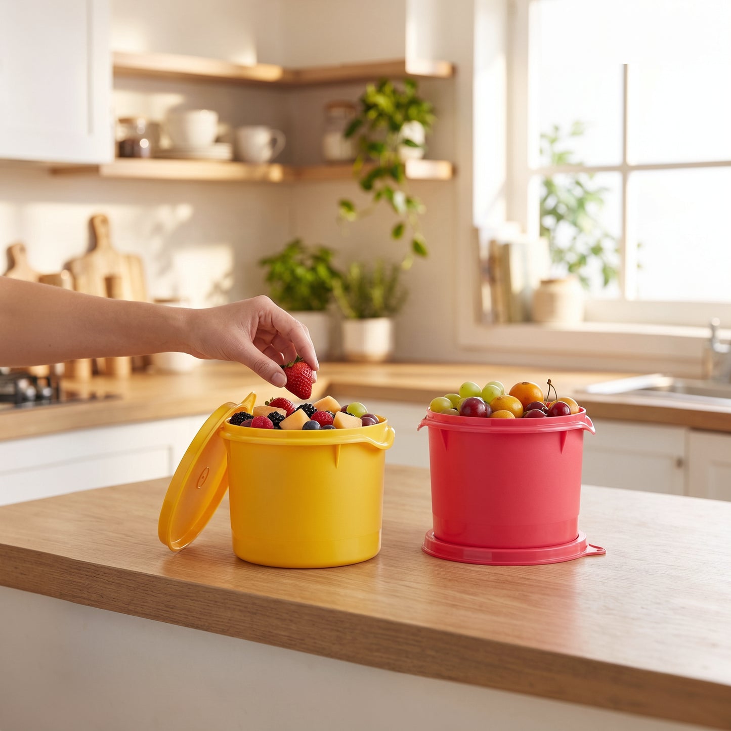 Varmora Magnum - Round Plastic Container With Lid, Set of 2, Colour - Pink & Yellow, Food - Grade Material, Air-Tight Seals, FDA Approved & BPA-Free, 750 ML, Set of 2