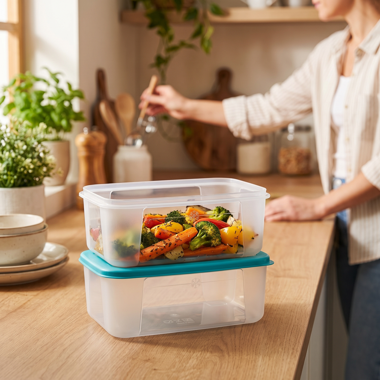 Varmora Freezer Safe - 100% Food-Grade Plastic, Transparent With Blue Lid, FDA Approved & BPA-Free, Stackable Design, Refrigerator & Deep Freezer Safe, Set of 2 (1800 ml)