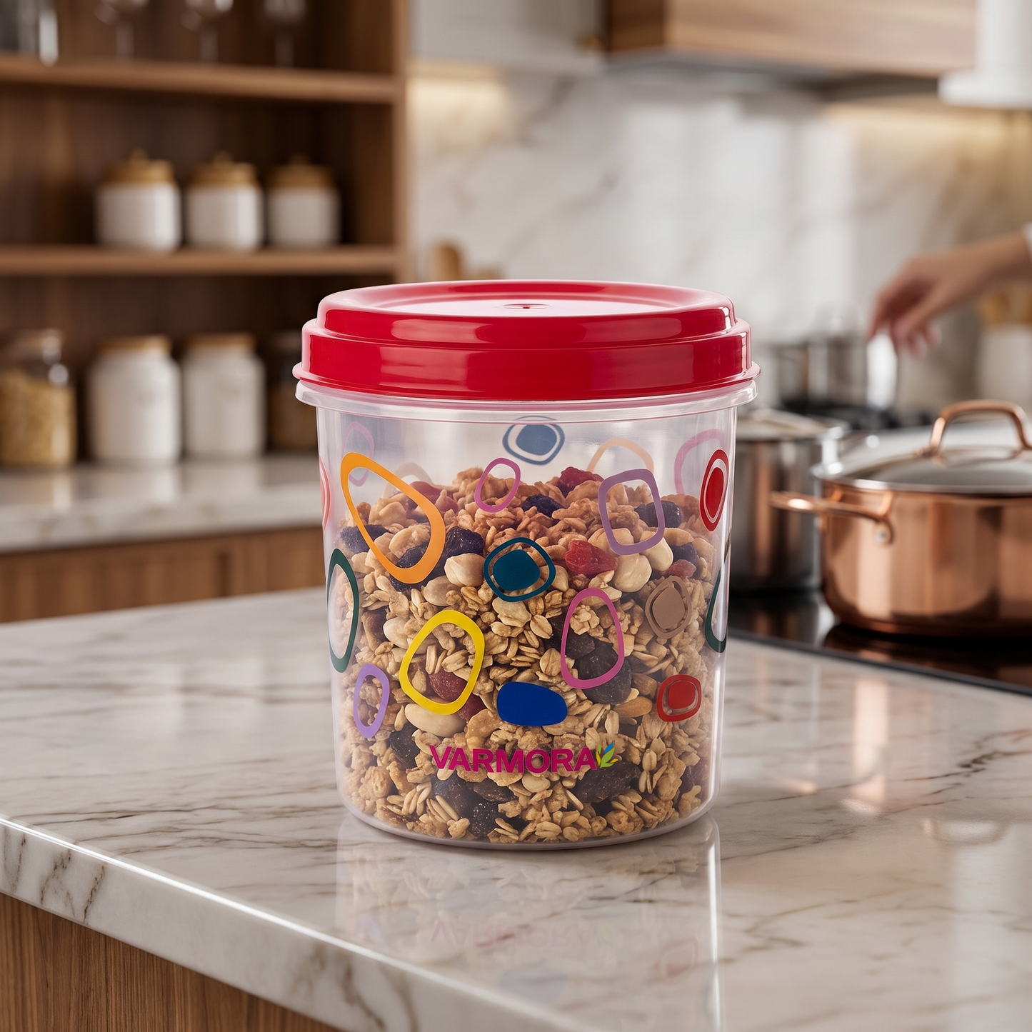 Varmora Glory Container Printed - Set of 3 (1 Ltr), Plastic Containers With Air-Tight Lid, For Storing Atta, Flour & Rice, Transparent Design, BPA Free 100% Food-Grade Plastic