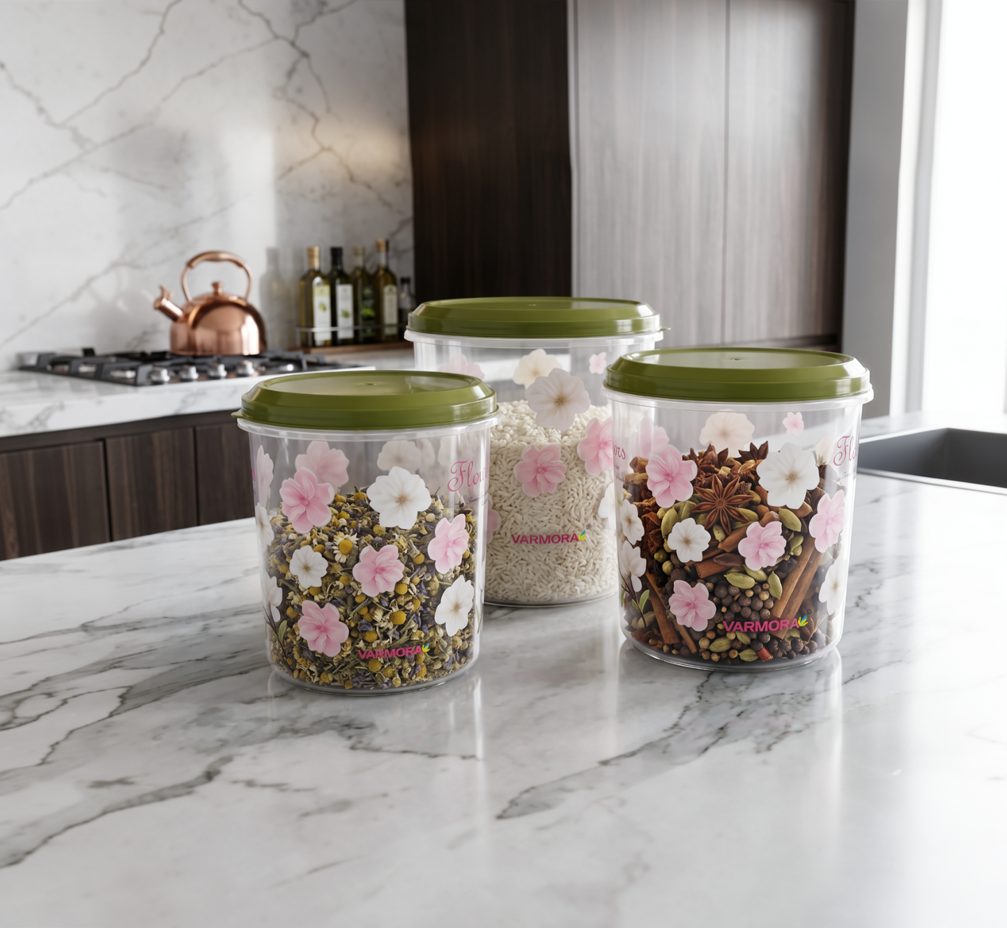 Varmora Mega Glory Round Set Flower - Set of 3, Air-Tight Lid, Transparent, BPA-Free Food-Grade Plastic